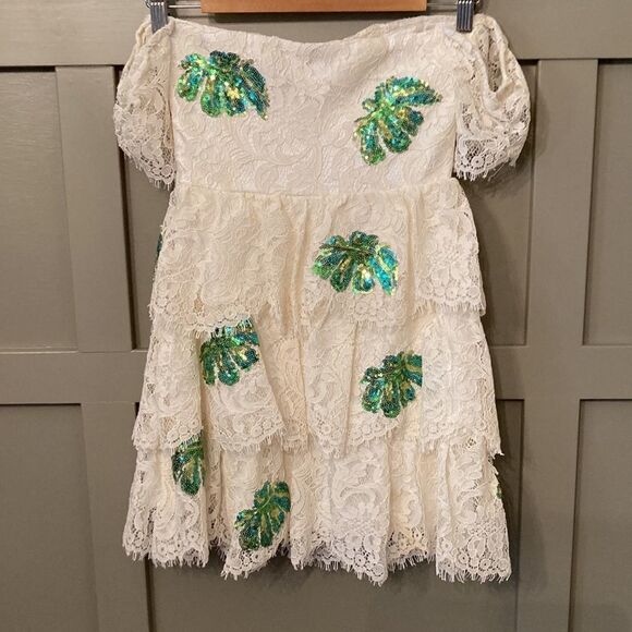 LOVERS + Friends x Revolve Charleston Dress in Ivory Palm Lace Sequins Size XS - Picture 10 of 13